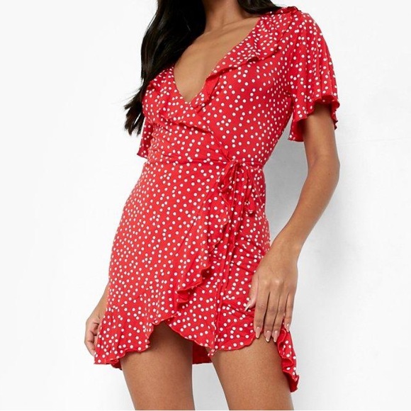 Boohoo Dresses & Skirts - Boohoo Wrap Tea Dress Red & White Short Sleeve Ruffle Polka Dot NWT Size 2